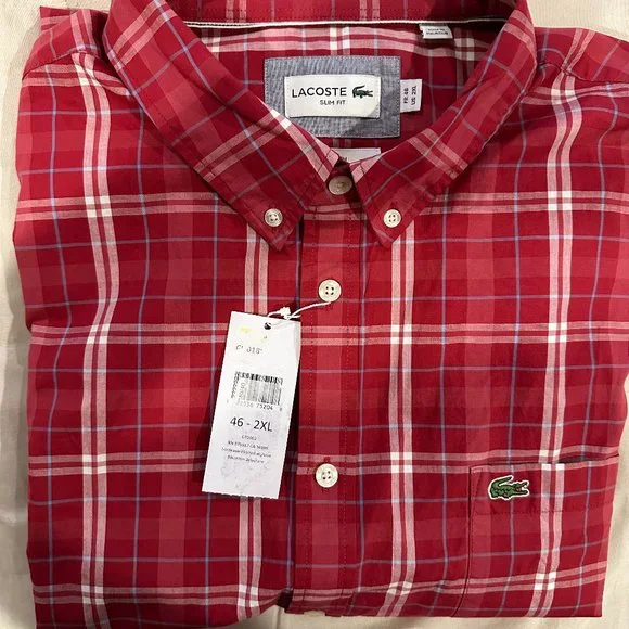 Men's Lacoste Popeline Slim Fit Plaid Button-Down Shirt, Size 46 - Red